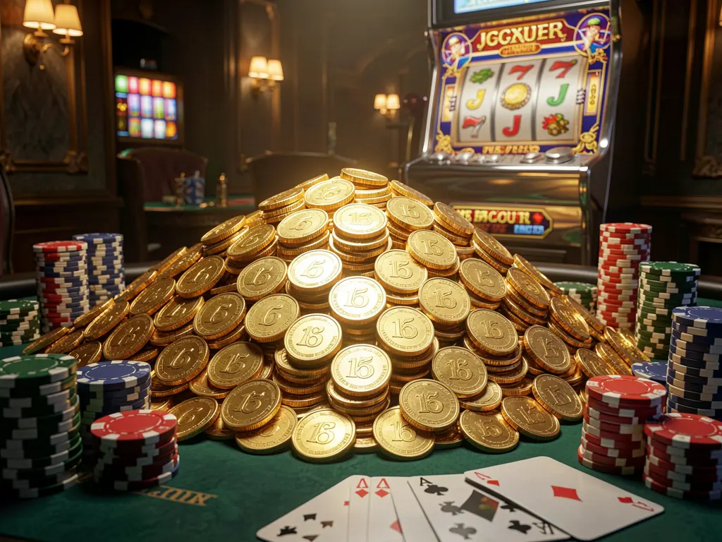 Adegan bonus jackpot kasino online REJEKI9 yang menampilkan tumpukan besar koin emas, mesin slot dengan lampu jackpot bercahaya di latar belakang, chip poker dan kartu permainan di atas meja mewah di bawah pencahayaan sinematik dramatis