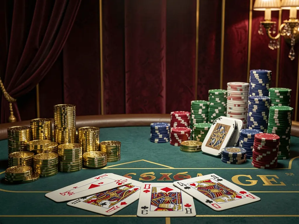 Adegan kasino mewah yang menampilkan meja blackjack dengan kartu poker, tumpukan chip, dan koin berkilauan dalam suasana merah tua dan emas, menampilkan atmosfer permainan elegan merek REJEKI9