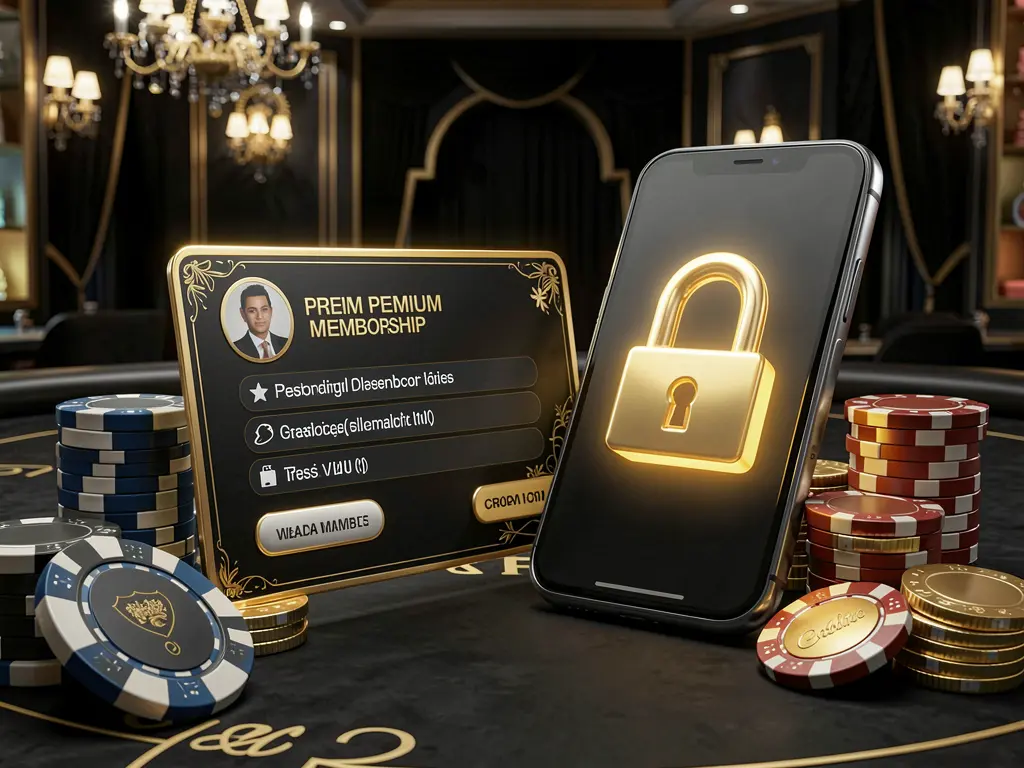 Konsep masuk anggota kasino REJEKI9 yang menampilkan kartu keanggotaan premium di samping ponsel pintar dengan simbol gembok bercahaya, dikelilingi chip poker dan koin di atas latar belakang mewah hitam dan emas dalam ilustrasi 3D realistis